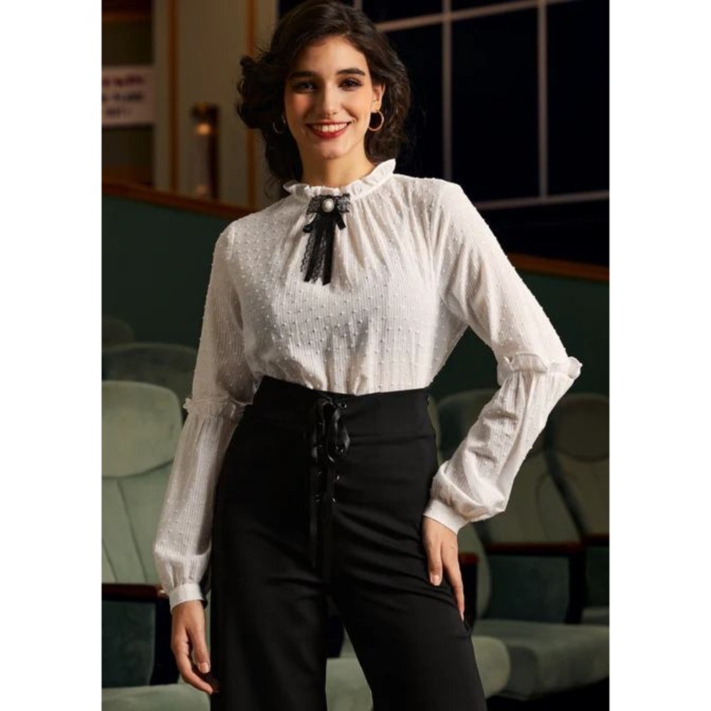 ModCloth‎ Bygone Beauty Balloon Sleeve Blouse White Bow Neck Blouse NWT M